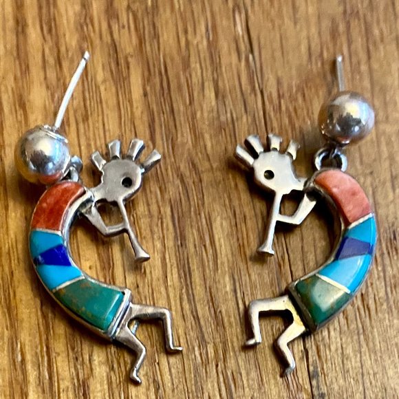 Jewelry - Kokopelli Flute Player Multi Inlay Sterling Silver 925 Earrings